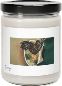 a jar of a candle with a picture of food on it